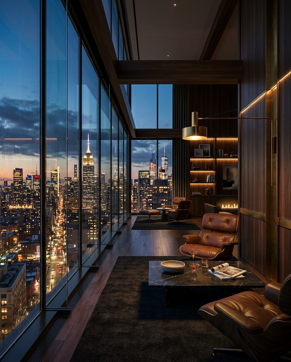 Premium office lounge at dusk overlooking a city skyline