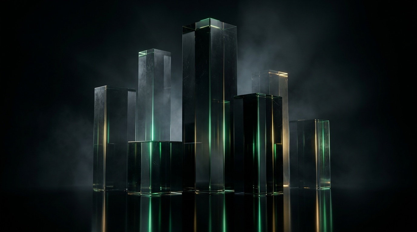 Dark glass monoliths with emerald and gold light — the Global Equity Enterprise aesthetic